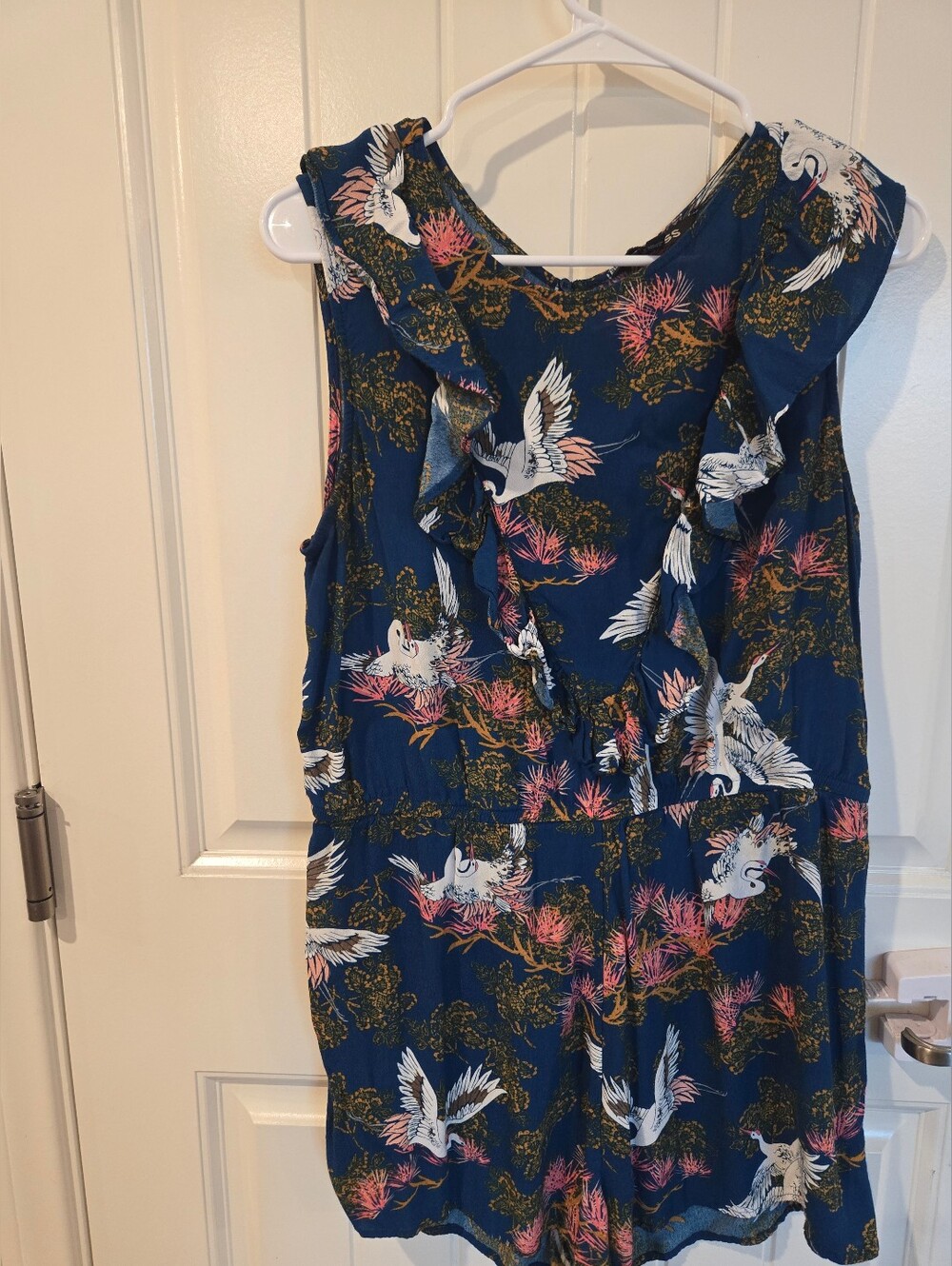 Express Navy Crane Print Ruffle Romper